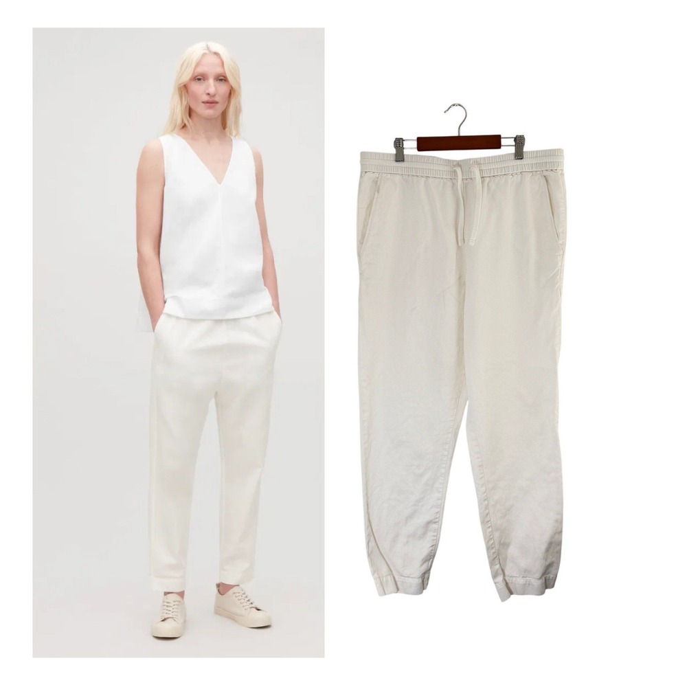 COS Relaxed Cotton Linen‎ Trousers Cream Elastic Waist Cropped Womens 12 L